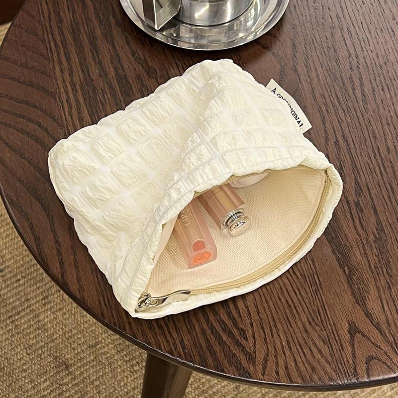 Small Plaid Makeup Bag - Portable Cosmetic Organizer with Multiple Compartments, Hand Washable - White, & Pink for Travel