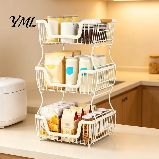 2 Tier Storage Rack 2/3 Layer Countertop Organizer Rack, Heavy Duty Fruit Basket Stand, Desktop Space Saving Carbon Steel for Kitchen, Pantry Stand