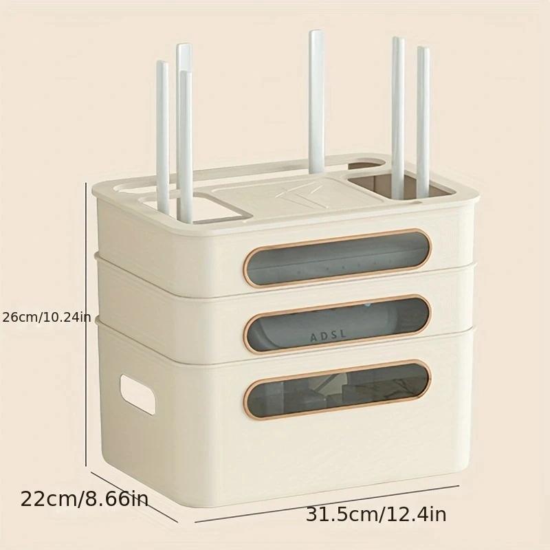 Wireless Wifi Router Storage Box with Transparent Modem Router Cover Removable Power Strip and Cable Management Hidden Shelf