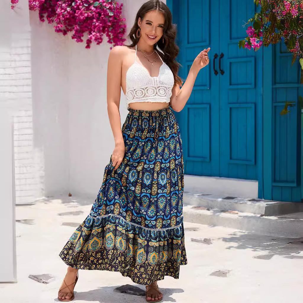 2025 Spring Summer Bohemian Ethnic Lace Trim Cotton Maxi Skirt, Vacation Style Long Skirt