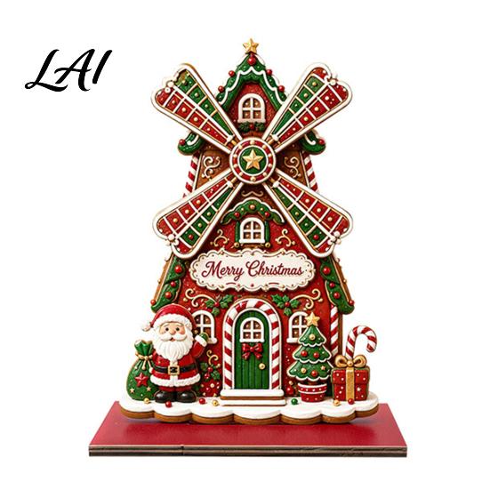 Classic Christmas Country House Windmill Ornament 2D Wooden Rotating Decoration Santa Holiday Decoration for Home Centerpiece Table Mantel