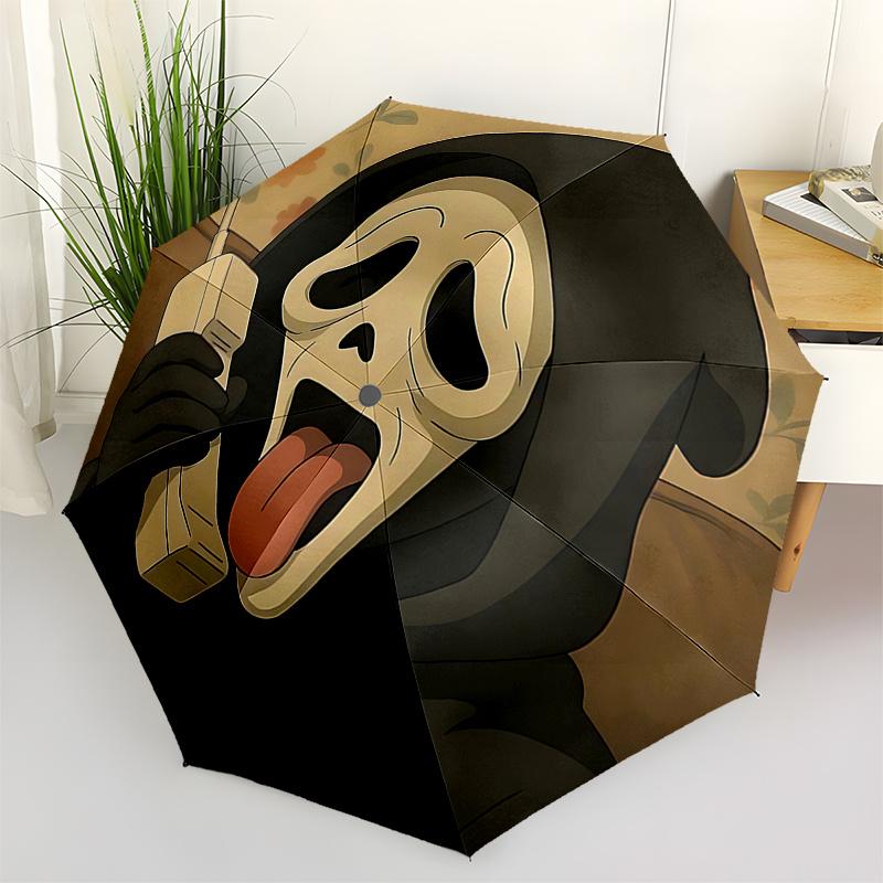 Scream Mask with Floral Print - Automatic Opening Folding Umbrella, 8-Bone Iron Frame, Outdoor Rain Gear, Festival Gift for Fans and Travele