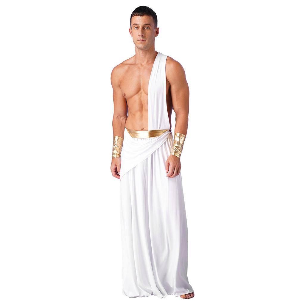 Mens Ancient Greek Cosplay Costume Long Skirt Wristbands One Shoulder Strap Roman Toga Halloween Warrior Gown