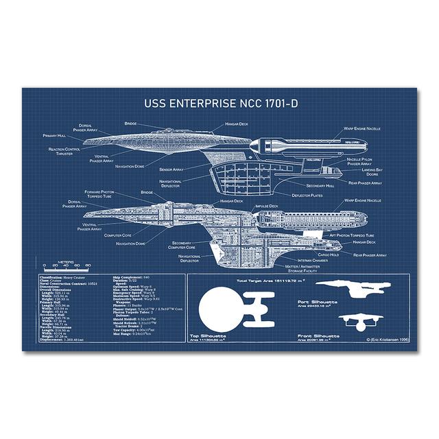 USS Enterprise NCC-1701-D Чертежи Плакаты и принты Космический корабль Звездного Флота Комната для мальчиков Настенная живопись на холсте Домашний художественный декор без рамки