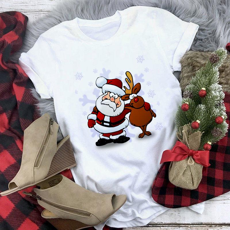 Cute Reindeer T Shirt Women Fashion Christmas Harajuku Short Sleeve T Shirt White Suitable All Seasons