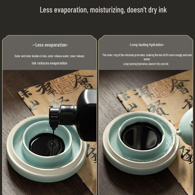 Чернильница из селадоновой керамики Килн Жу: Чернильница с двойным кругом и крышкой, Антивысыхающая чернильница для каллиграфии, Антикварная чернильница.