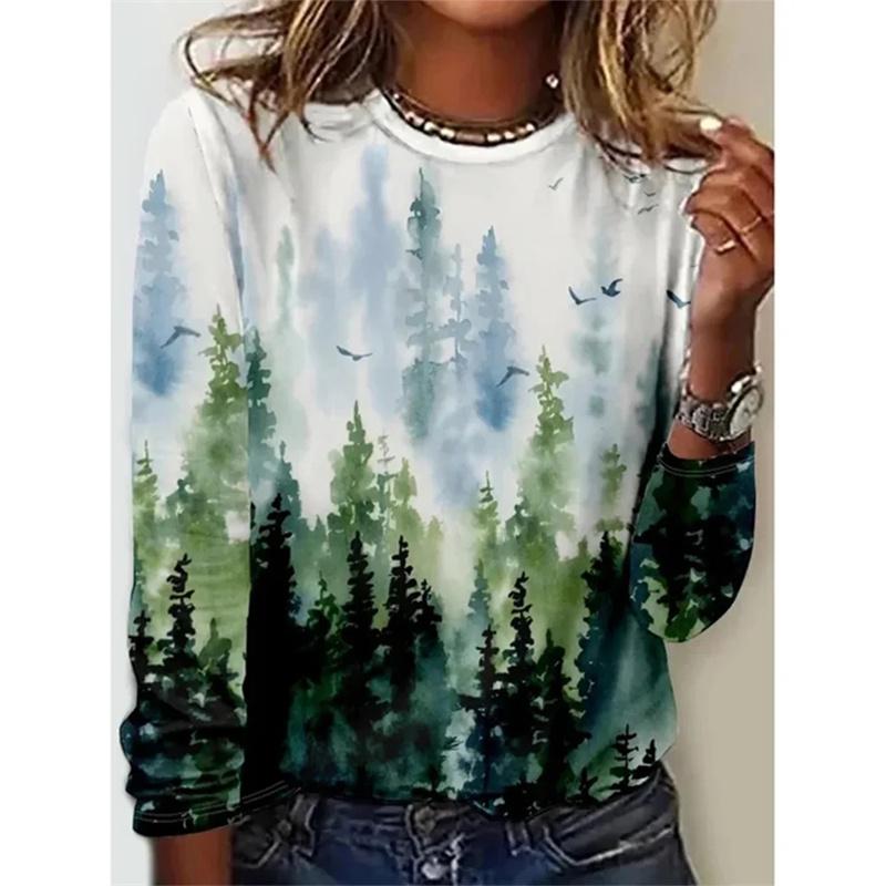 Spring and Autumn Round Neck Colorful Flower Pattern 3D Printed Top Fashionable Casual Long Sleeved Women's T-shirts