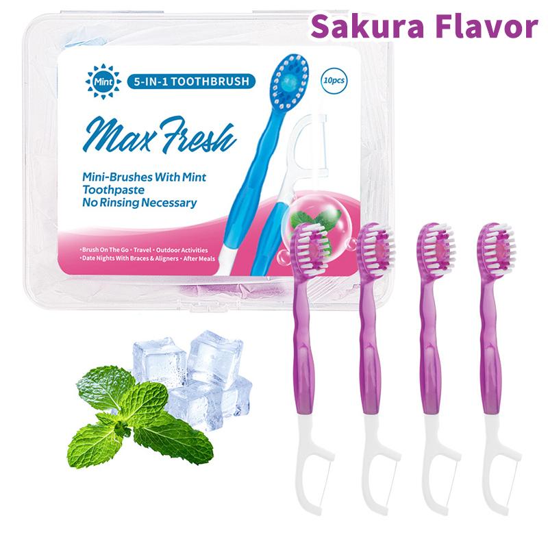 10 шт./коробка Портативная зубная щетка 5-в-1 Зубная нить Зубочистка Для чистки полости рта Одноразовая зубная щетка Для взрослых в деловых поездках