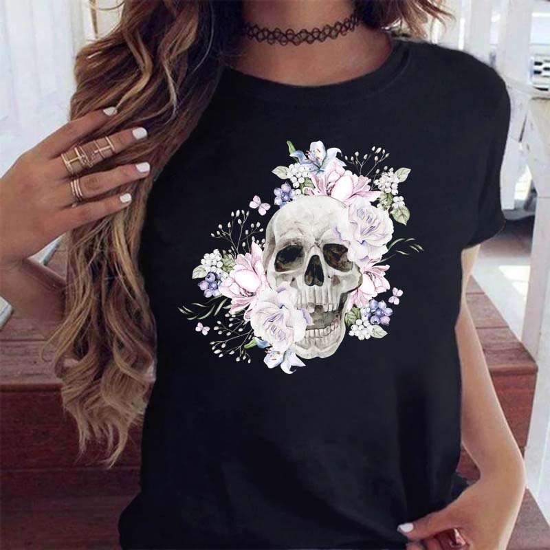 Maycaur Fashion Skull Flower Print Женская футболка Летняя повседневная женская футболка с коротким рукавом и круглым вырезом в стиле 90-х годов, женская футболка, топы