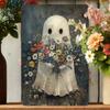 An 8x12 Inch Wall Art Decoration, Ghost Flower Bouquet Vintage Metal Sign for Home Room or Halloween Event