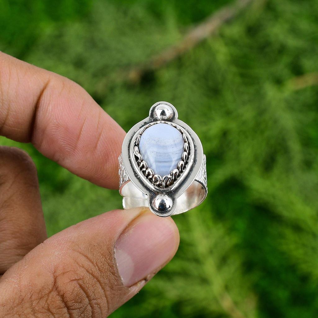 Natural Blue Lace Agate Gemstone Stackable Adjustable Ring 925 Sterling Silver