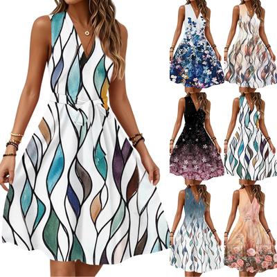 Женское весенне-летнее повседневное платье миди с V-образным вырезом без рукавов и цветочным принтом на талии