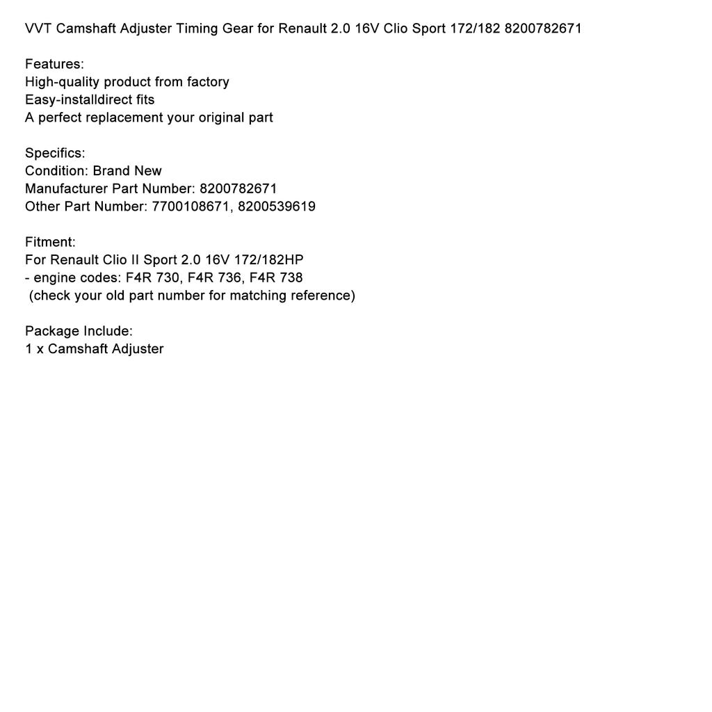 VVT Регулятор фаз газораспределения Шестерня ГРМ для Renault 2.0 16V Clio Sport 172/182 8200782671