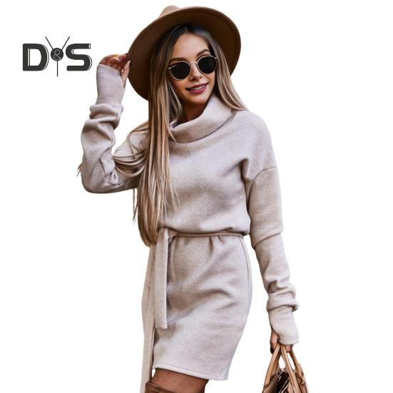 Платье женское осень-зима на шнуровке с высокой талией, высоким воротником, длинными рукавами, облегающее, плотное, теплое, мини-платье