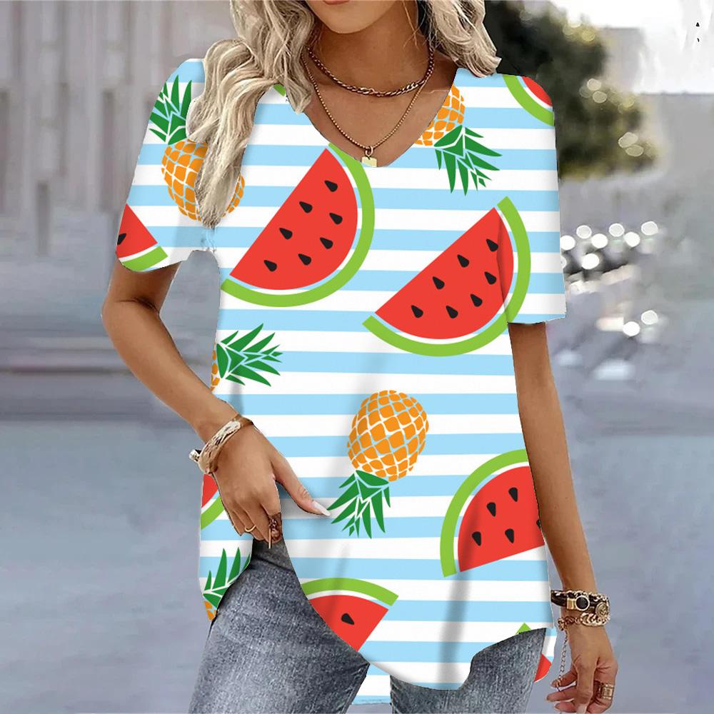 Женские футболки с v-образным вырезом и 3D принтом арбуза, летние крутые топы с короткими рукавами, модные повседневные свободные пуловеры, женские футболки