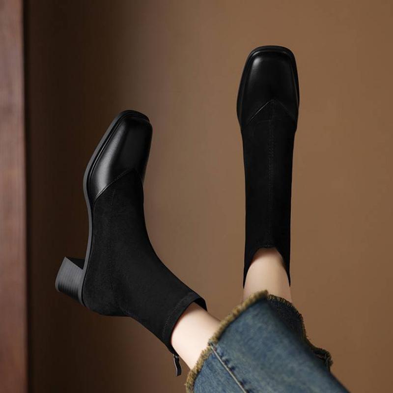 Осень и зима удобные квадратный носок полусапоги женские новые большой размер эластичная замша женские сапоги корейская версия новые средний каблук Ма