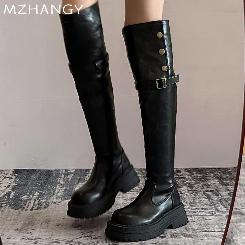 Модные женские кожаные высокие сапоги на платформе, туфли на плоской подошве, высокие сапоги до колена, женские трендовые зимние платья 2025 года, готические ретро-сапоги для снега, Mujer Botas