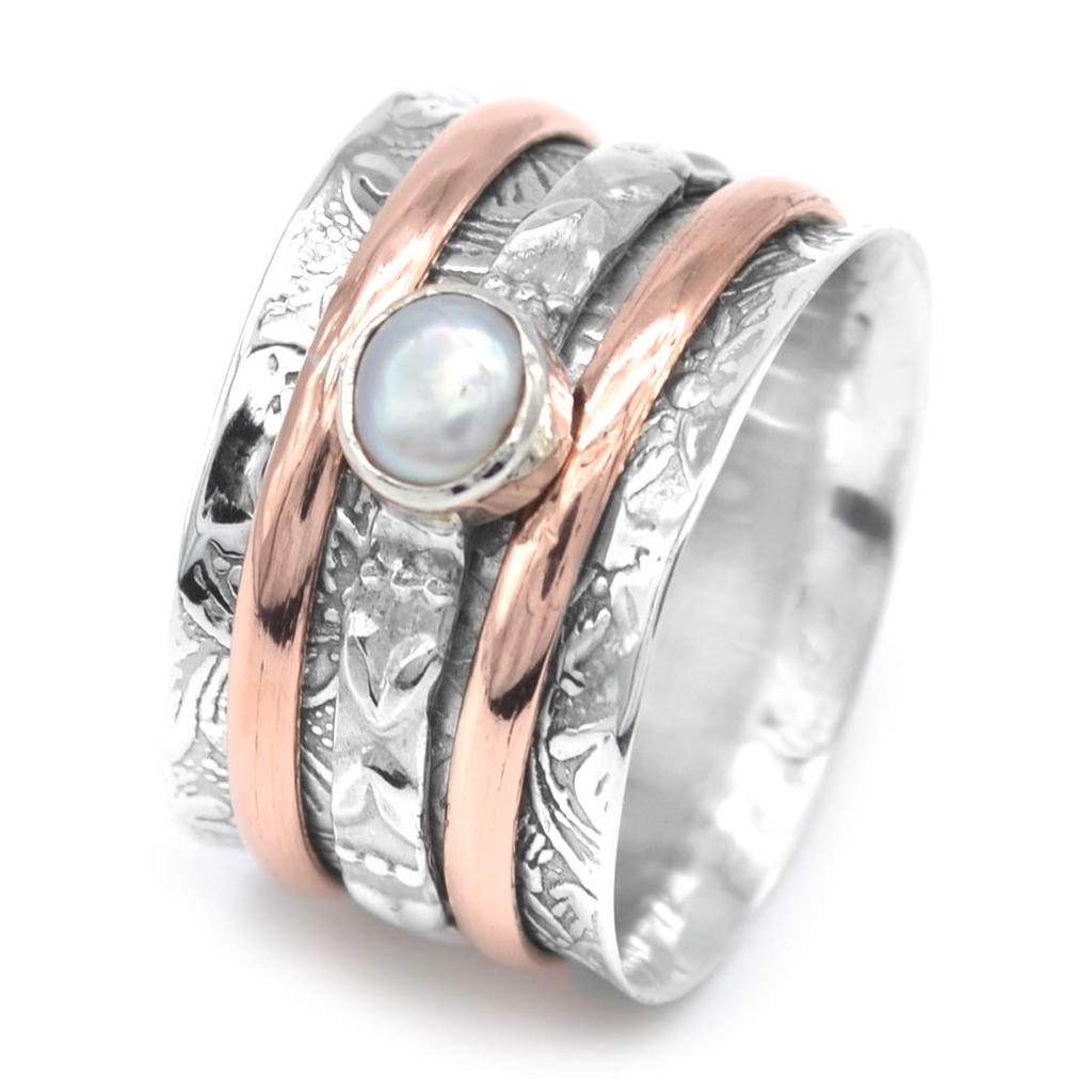 Sterling Silver Copper Ring Round Cabochon Spinner Stone Ring Natural Pearl Gemstone 6.5 Gms