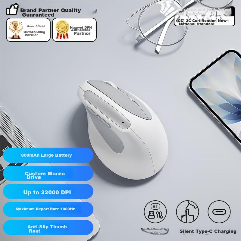 B.O.W Hangshi MD390L Wired Wireless Bluetooth Tri-Mode Rechargeable Ergonomic Vertical Silent Mouse for Laptop Tablet Mobile Office Geek Gray