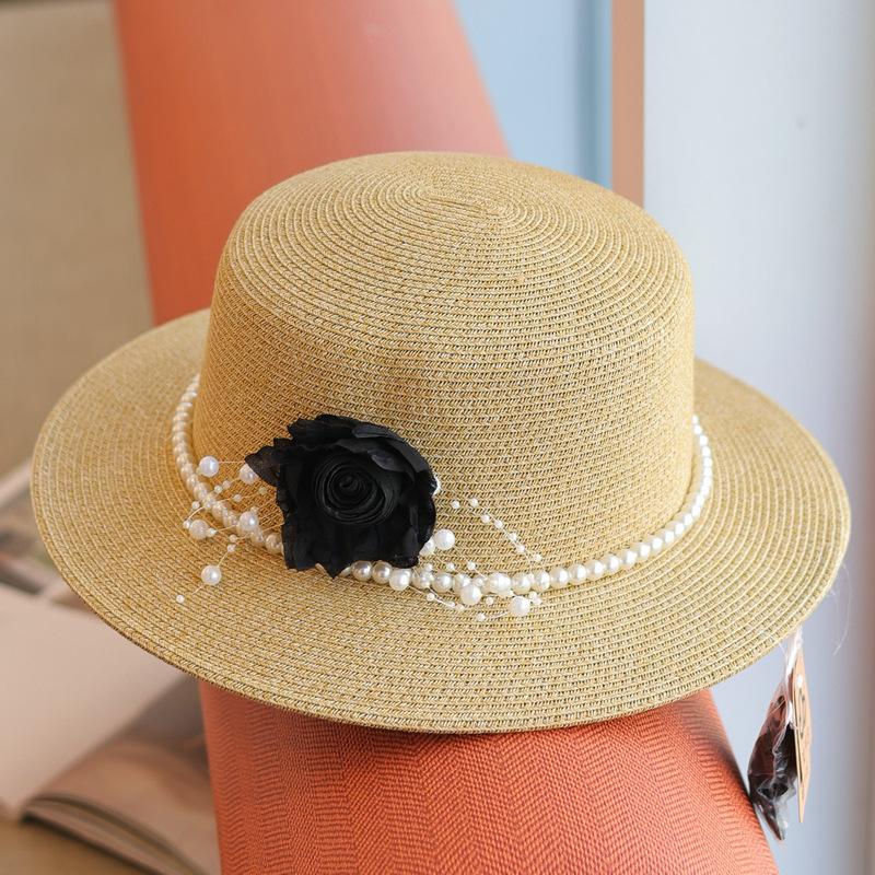 Rose Manor~ Romantic Temperament Pearl Chain Seaside Holiday Straw Hat Women's Spring and Summer Sunscreen Flat Top Hat