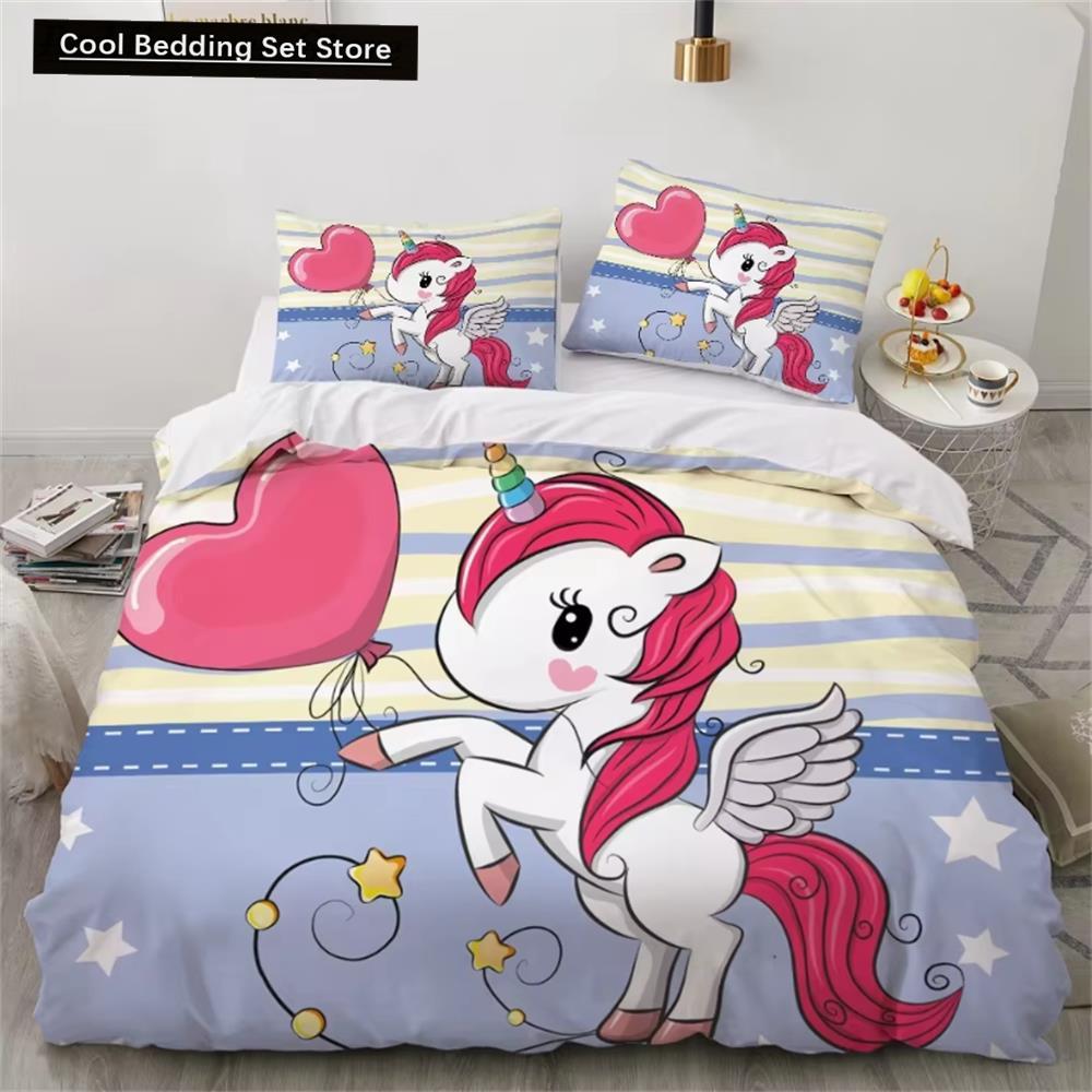 Детские комплекты постельного белья, подарки, комплекты пододеяльников с принтом единорога и красочной лошади для детей, девочек и мальчиков, 2/3 шт., розовые одеяла