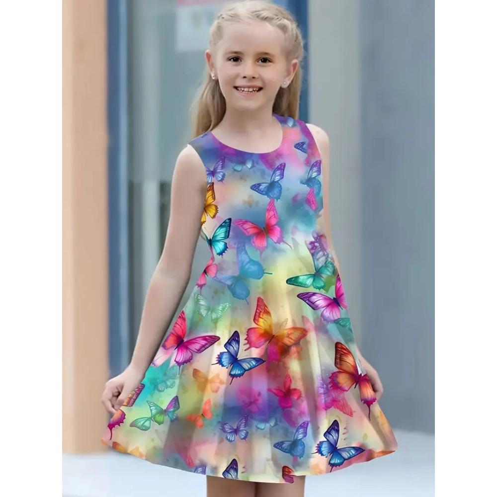 Fashion Girls Dresses Summer New Round Neck Vest Style 3D Printing Princess Skirt