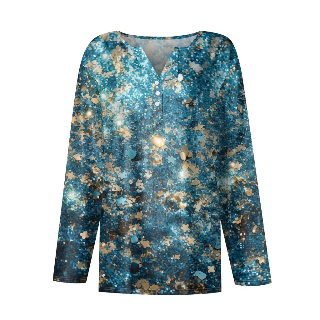 Жен. Футболка Футболка На пуговицах С принтом Длинный рукав Повседневные Выходные Мода Классический V-образный вырез Обычный Топ