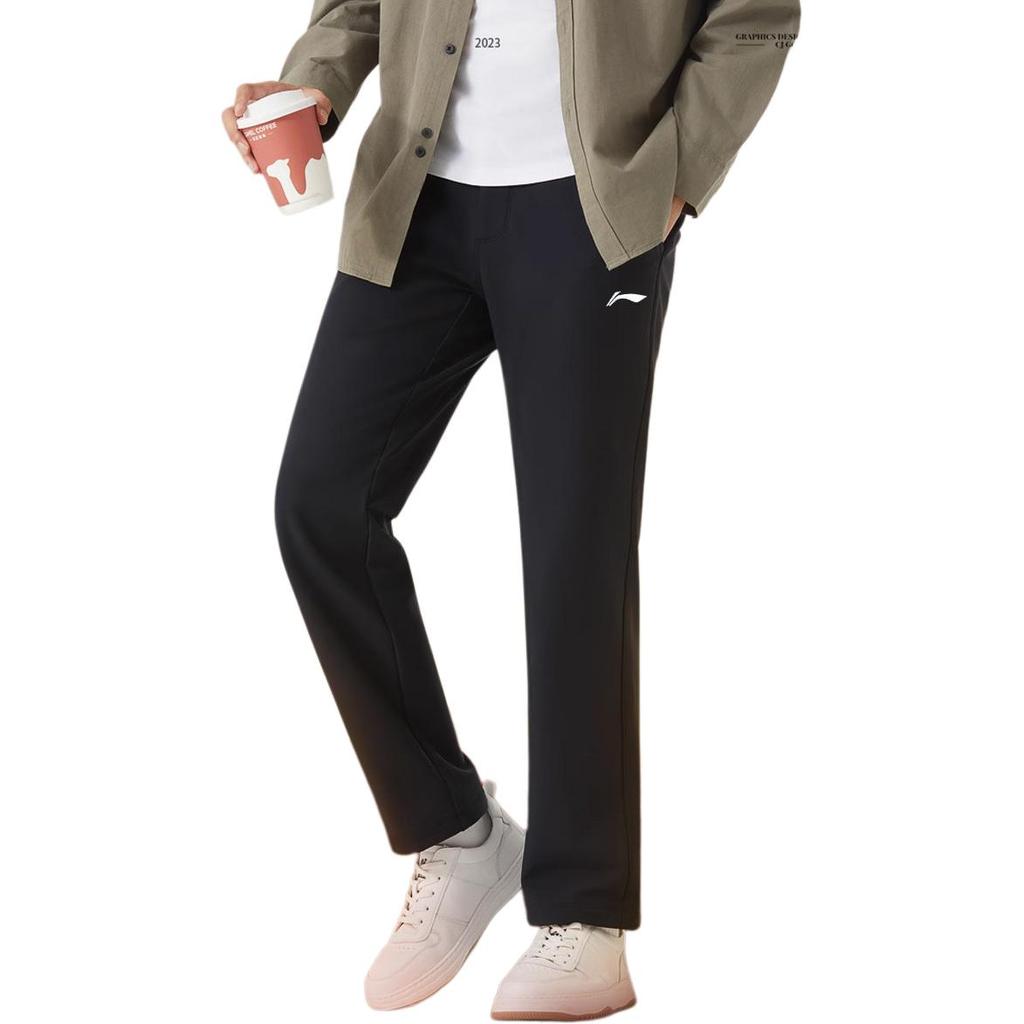 Li Ning Table Tennis Series Comfortable Casual Simple Straight Leg Fleece Thick Knitted Sports Pants Unisex Bottoms Black AKLUDM93-1