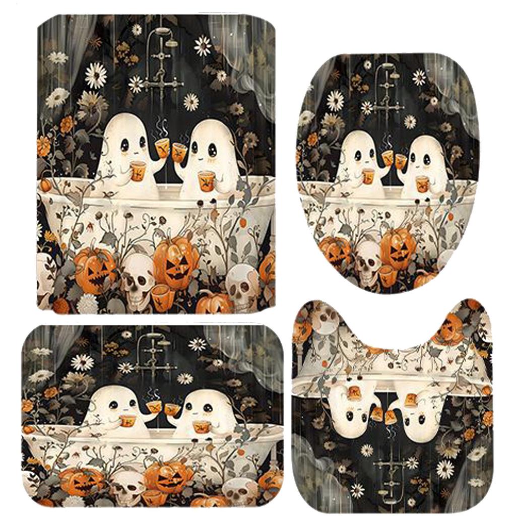 4 Pcs Halloween  Shower Curtain Sets Non-Slip Bath Rugs, Toilet Cover, U-Shaped Mat,Halloween Decorations Shower Curtain With 12 Hooks