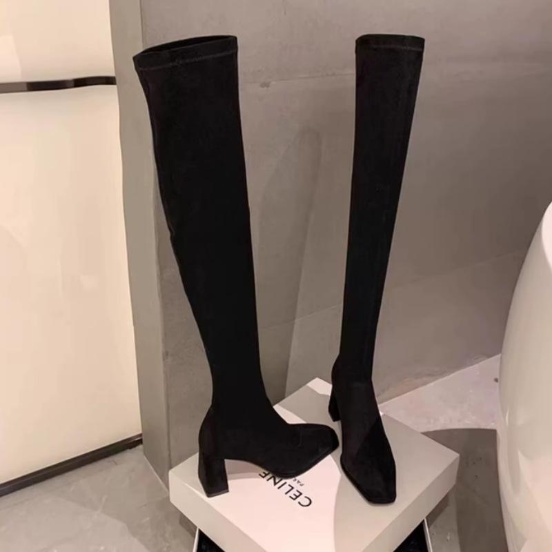 Large Size High Heel Boots Women's Winter New Square Head Elastic Skinny Boots Over Knee Boots High Suede Boots Black