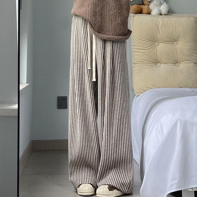 High-Quality Women's Retro Striped Wool Pants - Autumn/Winter Casual High-Waisted Slimming Straight-Leg with Wide-Leg Drape