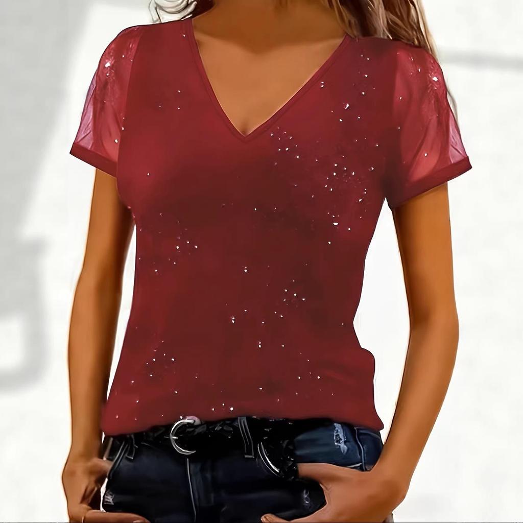 Женская модная футболка с V-образным вырезом, сетчатая, с коротким рукавом, весна/лето 2026