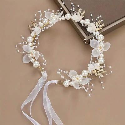 Жемчужная повязка на голову с бусинами и цветами для невесты с красивым дизайном цветочного венка, тонкая фата, аксессуары для волос для свадьбы, бохо бант, тиара