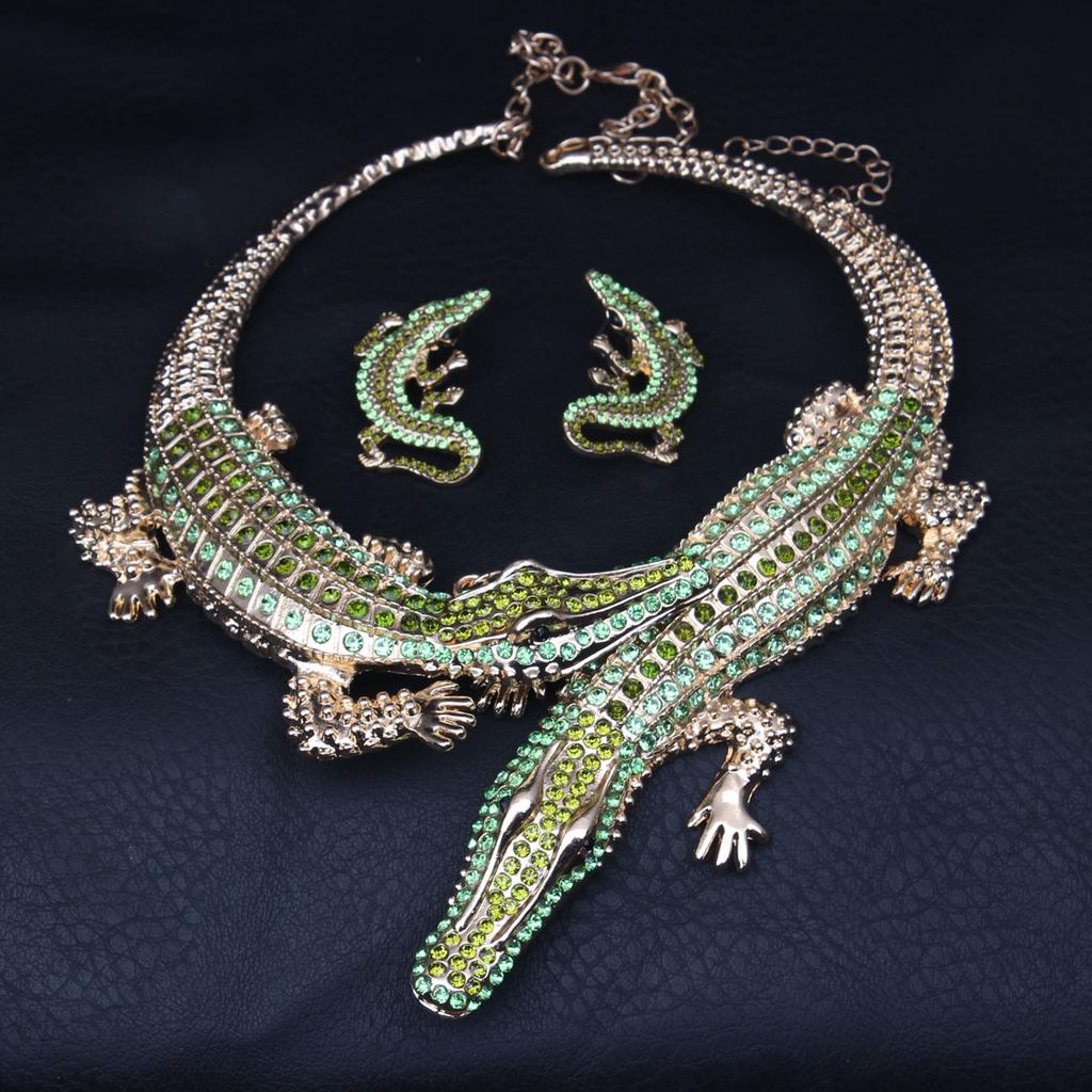 Vintage Exaggerated Crocodile Necklace Earrings Set with Diamond Personalized Collar Women's Accessories