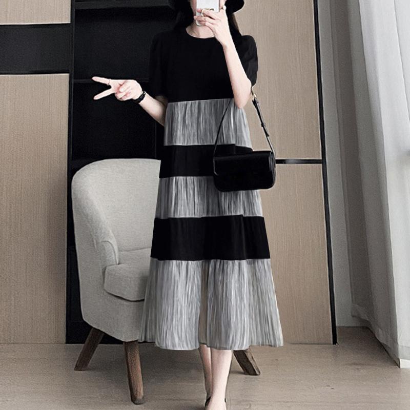 ZANZEA Женское повседневное свободное платье с коротким рукавом в стиле пэчворк с круглым вырезом