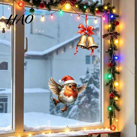 Xmas Party Glass Art Christmas Window Static Sticker, Decorative Reusable Redbreast Decal, PVC Festive Indoor Outdoor Graphics Holiday Cling for Home