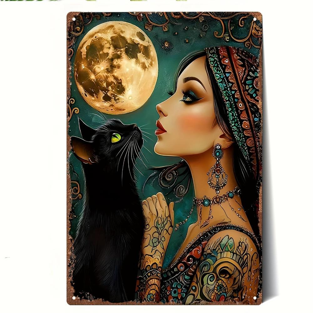 Vintage Metal Tin Sign Retro Black Cat Green Background Wall Art Home Decor xcm