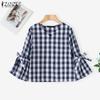 ZANZEA Women Casual V-Neck 3/4 Sleeve Loose Grid Print Blouse