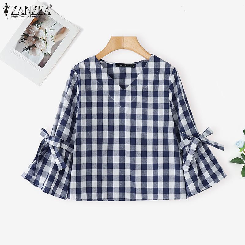 ZANZEA Women Casual V-Neck 3/4 Sleeve Loose Grid Print Blouse