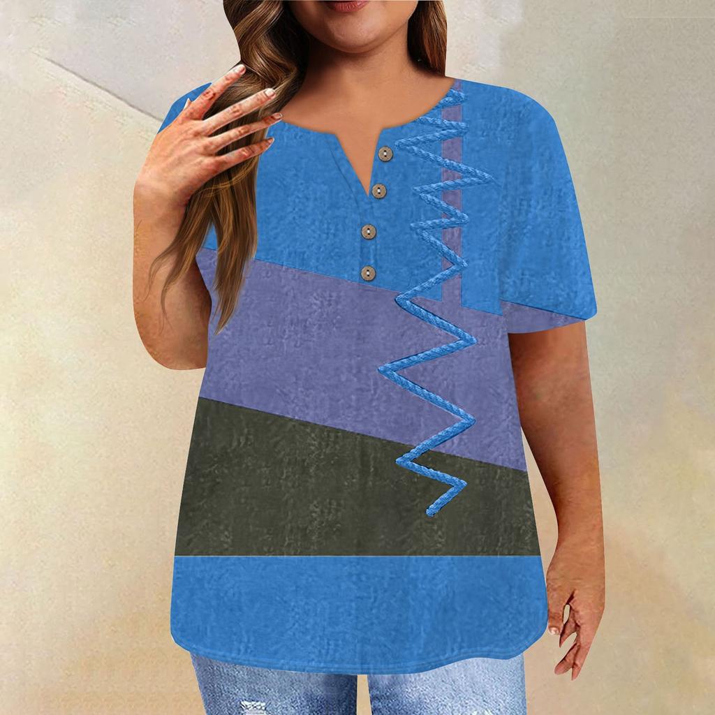 Fashion Short Sleeve Shirt Round Neck Plus Size T-Shirt Geometric Splicing Printed Casual Tops For Women