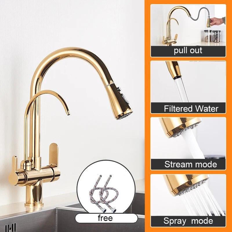 Matte Black Pure Water Kitchen Faucet Dual Handle Hot and Cold Drinking Water Pull Out Kitchen Mixer Taps