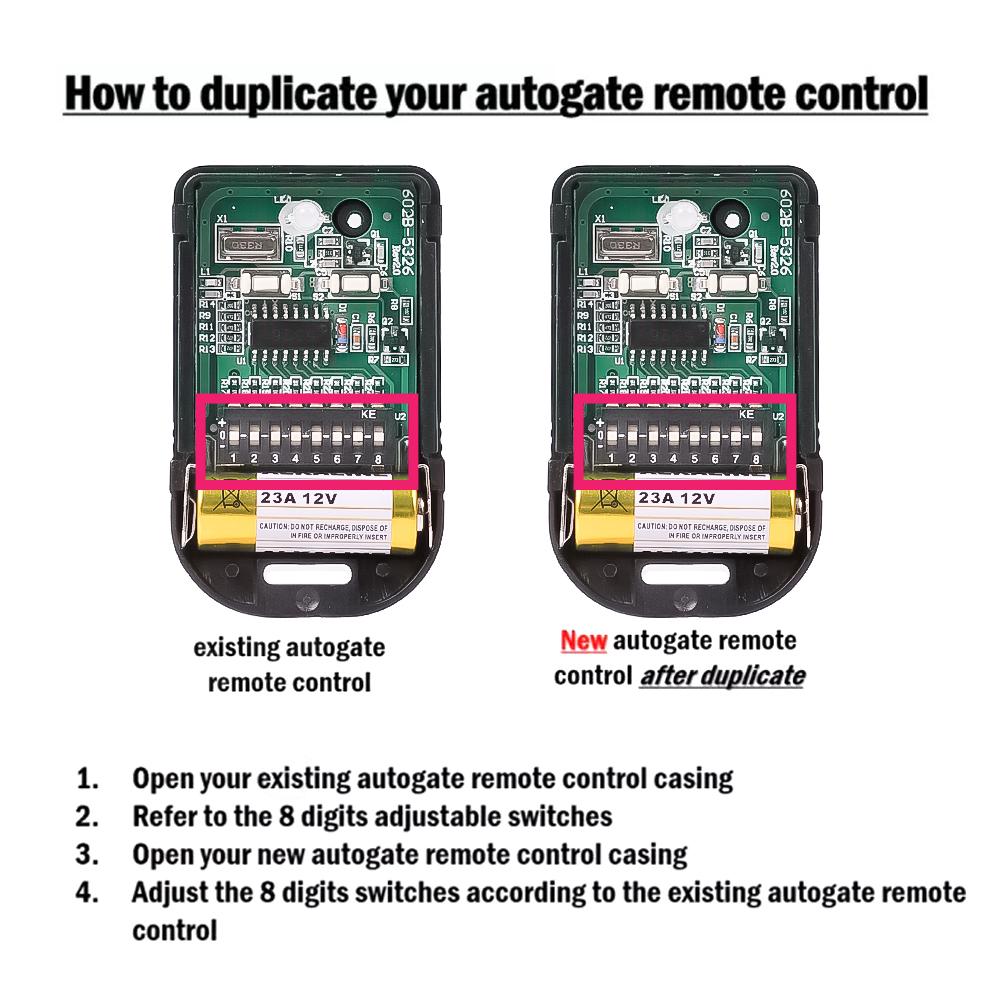 433Mhz 8 Dip Switch Fixed Code 2 Button 330Mhz Duplicate Remote Control for Gate Garage Door Opener or Alarm System Universal