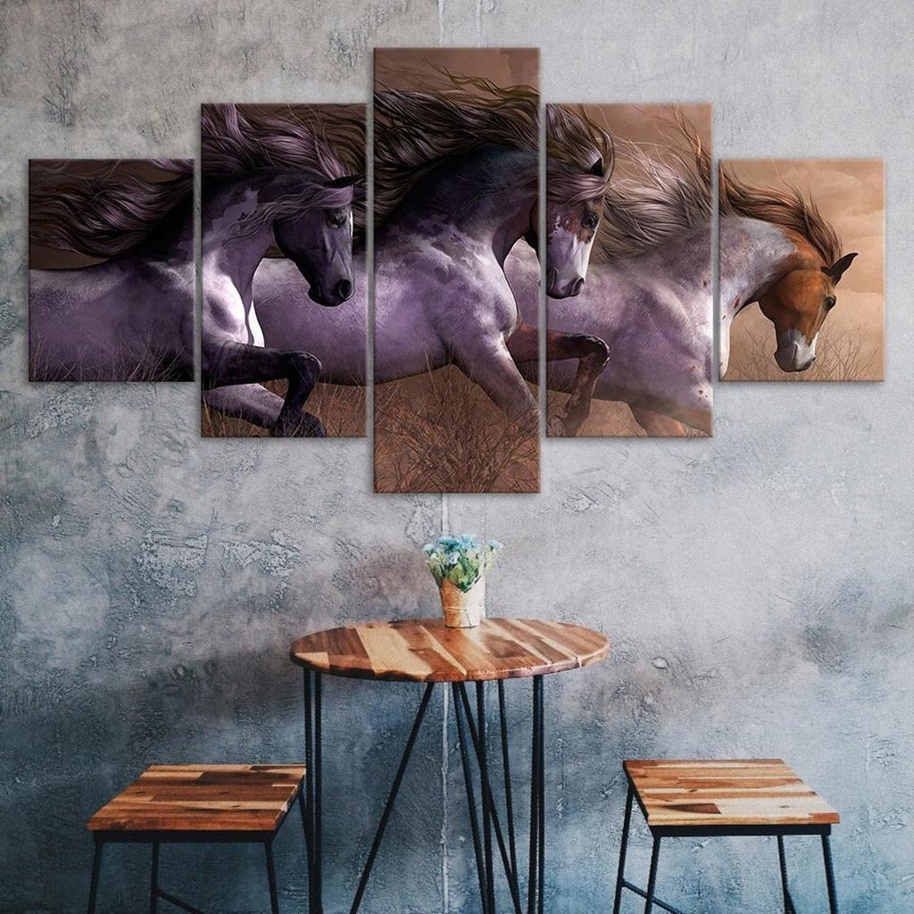 Wild Horse Race Painting Scene 5 Piece Five Panel Wall Canvas Print Modern Art Poster Picture Home Decor Gift For Him For Her