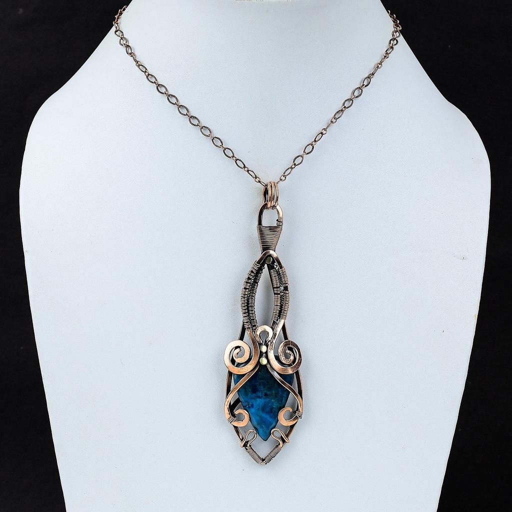 Неоново-синий апатит, драгоценный камень, чистая медная проволока, обернутая подвеской ручной работы, ювелирное изделие для подарка