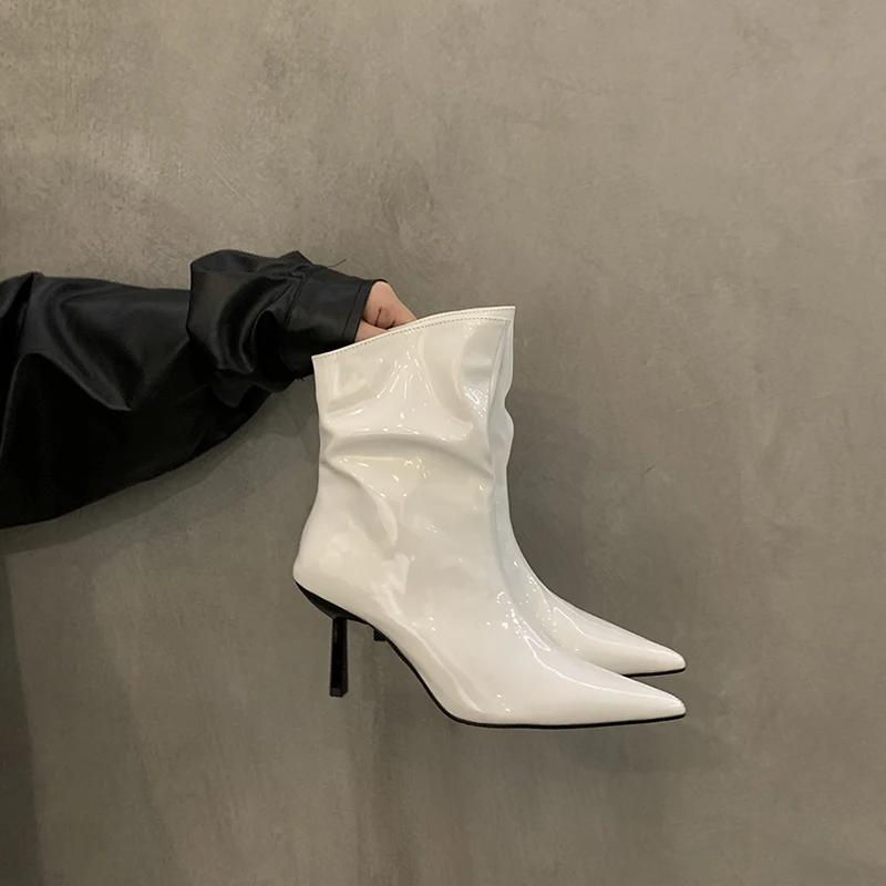 Вечеринка в ночном клубе лакированная искусственная кожа женские ботильоны осень зима высокий каблук женские заостренный носок короткие Botas De Mujer