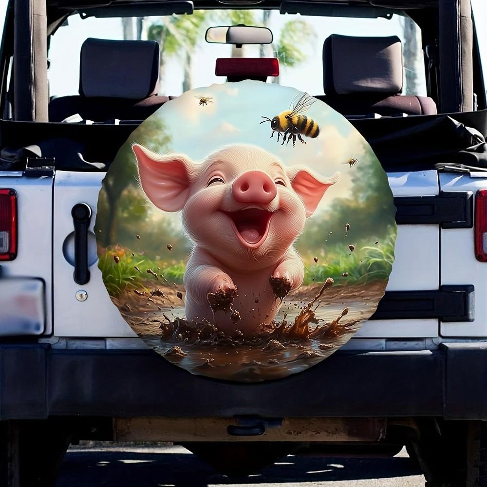 Funny Pig Playing in Mud Tire Cover Durable Polyester SUV Truck Spare Wheel Protector