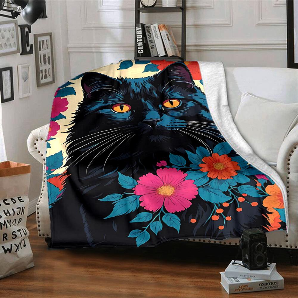 1pc Black Cat Print Soft & Warm Polyester Knit Blanket, Digital Printed, All-Season Throw for Napping, Traveling, Sofa yy250906021