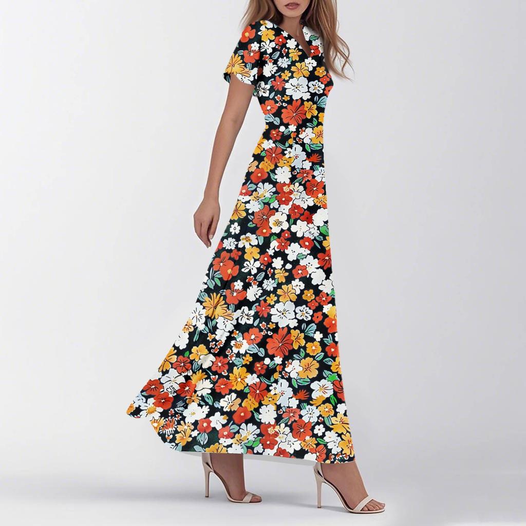 Женское летнее повседневное модное ретро-платье с цветочным принтом и коротким рукавом