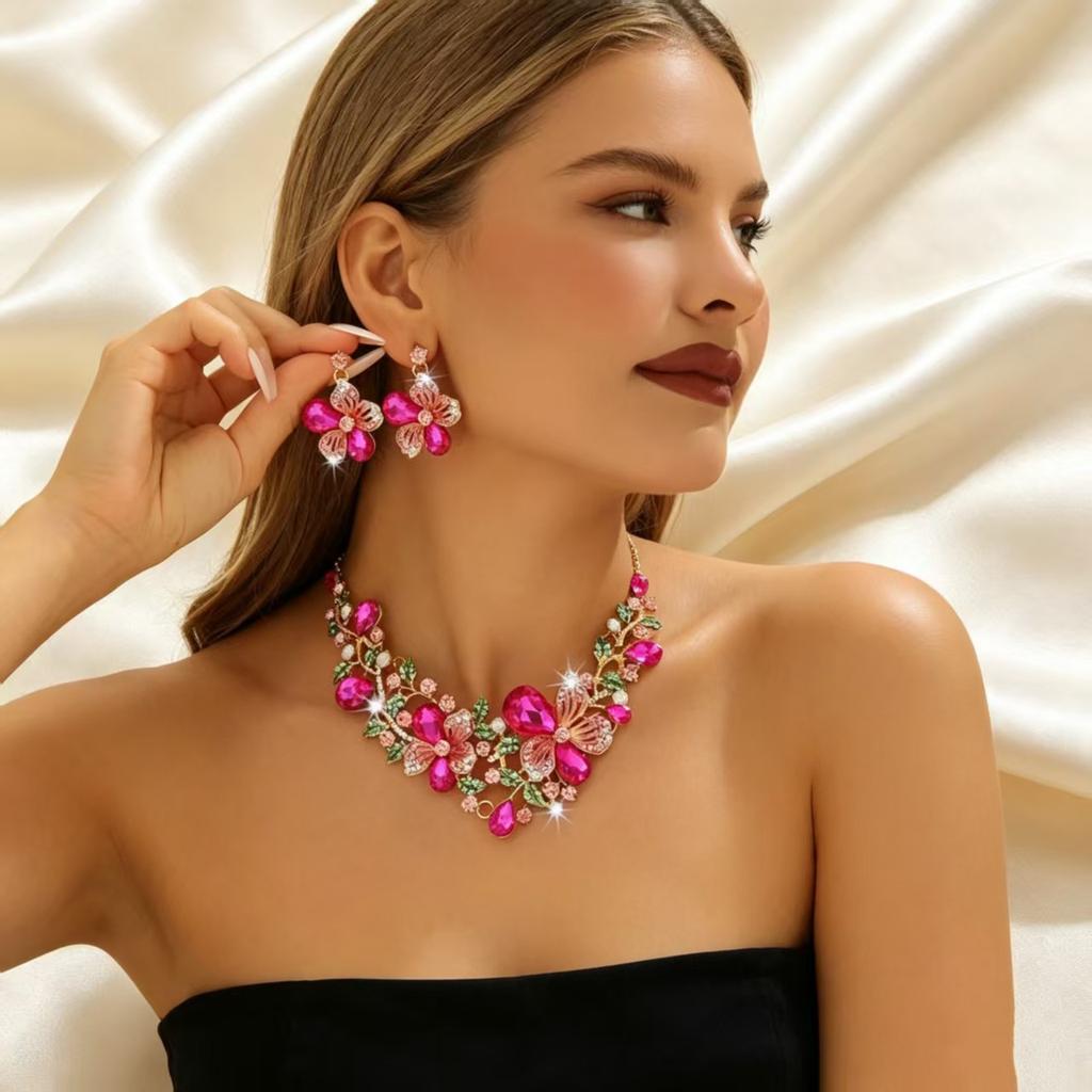 Popular European and American floral necklace and earring set, crystal gemstone jewelry, bridal party accessories for women