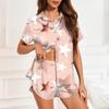 Women's Silk Pajamas Button Home Clothes Star Print Short Sleeve Satin Pajama Set 2 Piece Set